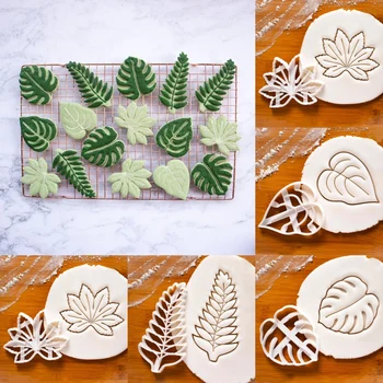 1 adet Yaprak Bisküvi Kalıp 3D Çerez Piston Kesici Pasta Dekorasyon DIY Gıda Fondan Pişirme Kalıp Aracı Tropikal Yapraklar Kabartma