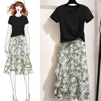 2021 Yaz iki Parçalı Setleri Bayan Etek Takım Elbise Kadın Kıyafetleri Kısa Kollu Üstleri ve Çiçek Baskılı Midi Etek Takım Elbise
