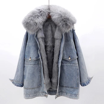 2021 Yeni Kore Kış Gerçek Tilki Kürk Yaka Kadın Kot Ceket Ayrılabilir Rex Tavşan Kürk Astar Palto Kadın Kürk Gevşek Palto