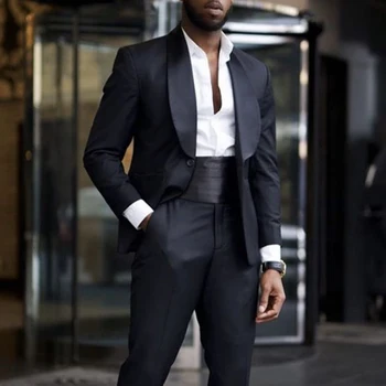 2022 Siyah erkek Takım Elbise Düğün Damat Akşam Smokin Kostüm Yüksek Bel 2 Parça Resmi Şal Yaka İnce Pantolon