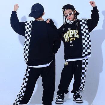 2022 Yeni Siyah Ekose Dikiş Kpop Takım Elbise Erkek Kız Hip-Hop Sokak Performansı Giyim Caz Uygulama Dans Streetwear DQS11001