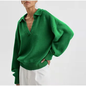 2022 Yeni Yeşil Şık Kadın Polo Yaka Örme Kazak Casual Boy Kadın Kazak Düz Renk V Boyun Jumper Streetwear