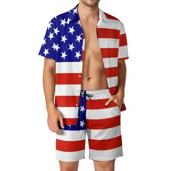 ABD Bayrağı Baskı Erkekler Setleri Mavi Yıldız Ve Çizgili Rahat Gömlek Seti Trend Beachwear Şort Yaz Takım Elbise 2 Parça Büyük Boy