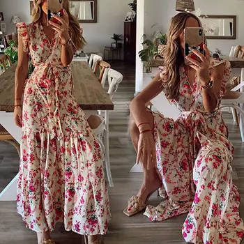 ASDS-Kadın Yaz Çiçek Baskı Uzun Maxi Elbise Boho Plaj Elbise Kısa Kollu Elbise