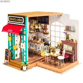 DIY simon'ın Kahve Mobilyaları Ile Çocuk Yetişkin Minyatür Ahşap Dollhouse Modeli Yapı Kitleri Hiçbir Kapak Dollhouse Oyuncaklar DG109
