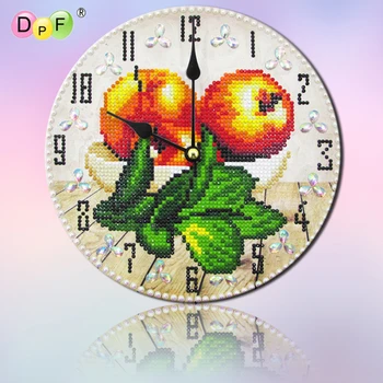 DPF 5D Yuvarlak Elmas Nakış İğne duvar saati sarı meyve elmas Mozaik saat tam Elmas boyama Çapraz Dikiş dekor
