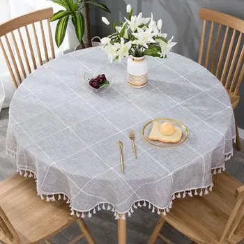 Ekose Yuvarlak Masa Örtüsü Gri püskül dekorasyon çay masası koruyucu Pamuk Keten Masa örtüsü Piknik Örtüsü yemek dekor