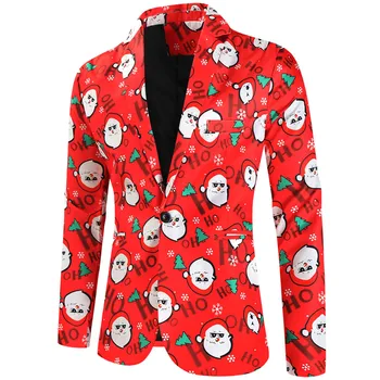 Erkek Noel Moda Rahat Noel Baskılı Takım Elbise Ceket Ceket Resmi Uzun Kollu Üst Bluz Erkek yağmurluk