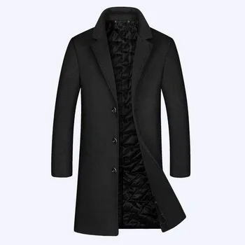 Erkek Siyah Trençkot Yün Karışımı Üst Bezelye Ceket Kış Uzun Tek Göğüslü Klasik Şık İş Palto Rüzgarlık Erkek