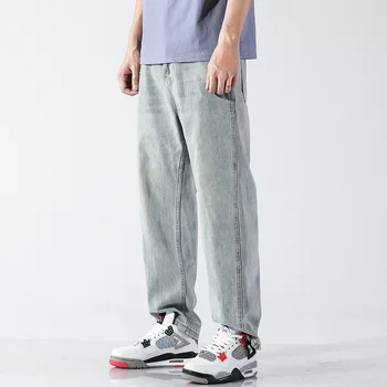 Erkek Streetwear Açık Mavi Retro Kişilik Kot Kore ince ışık moda pantolon kaykay Rahat geniş bacak kot Pantolon