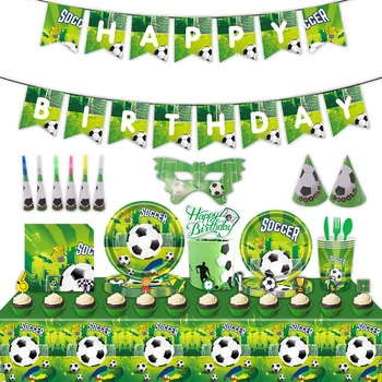 Futbol Tema Yeşil Tek Kullanımlık Sofra Tabaklar Bardaklar Peçeteler Doğum Günü Çocuklar Iyilik Hediye Bebek Duş Parti Dekor Malzemeleri