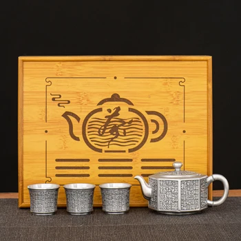 Gümüş Çay Gümüş High-end Baifu Çin Retro Tarzı en İyi Set Hediye 999 Sterling Çay Set Set 