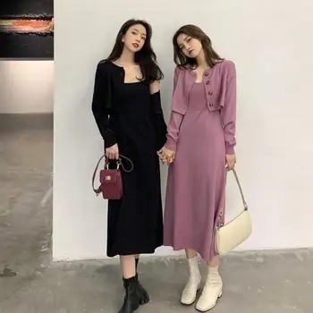 Güz Kış Örme 2 Parça Set Moda O-Boyun Uzun Kollu Kısa Hırka Kazak Ceket + Kolsuz uzun elbise günlük giysi X217