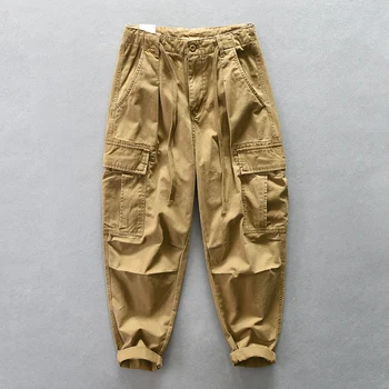 Haki Rahat Kargo Pantolon Erkekler için Sonbahar Yeni Moda Streetwear Pantolon Saf Pamuk Safari Tarzı Düz Renk dökümlü pantolon