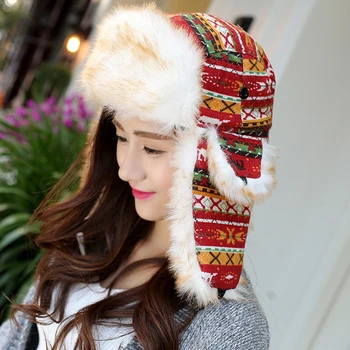 HT016 Baskı Rus Kış Şapka Sıcak Örme Şapka Moda Kürk Kulaklık Kalın Kar Kış Kulaklığı Rus Kalpağı Kap Kadın Kırmızı Kış Bombacı