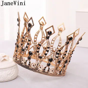 JaneVini Barok Siyah Kristal Gelin Taçlar Yuvarlak Vintage Altın Doğum Günü Partisi Kadın Şapkalar Gelin Düğün Tiaras Headpieces