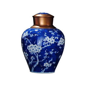 Jingdezhen seramik demlik büyük el boyalı mavi ve beyaz vakum mühürlü pot Tieguanyin yeşil çay saklama kabı