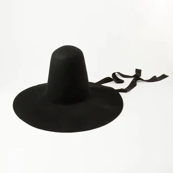 Kadın Büyük Geniş Ağız Yüksek Üst Yün keçe şapka Chic Disket Sıcak Kış Kap Özel Kilise Sombrero Mujer Fedora Caz Siyah şapka
