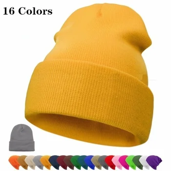 Kadın Hip-hop Örme Yumuşak Sıcak Şapka Kayak Hood 2020 Yeni Moda Unisex Kış Düz Kenarlıksız Floresan Renk İplik Bere
