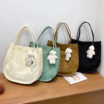 Kadın Saf Renk Tuval Tote Çanta Kadın basit omuz çantası Büyük Pamuklu Bez Alışveriş Çantası alışveriş çantası Kız Öğrenci için
