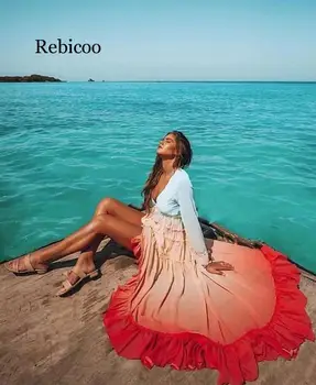 Kadın sonbahar uzun kollu Boho elbise gevşek fırfır elbise degrade renk uzun plaj elbise