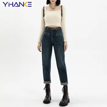 Kadın Vintage Yüksek Bel Kot harem pantolon Ayak Bileği uzunlukta Kadın Pantalones Pamuk Kız Denim Pantolon Düz Kot Kadınlar için