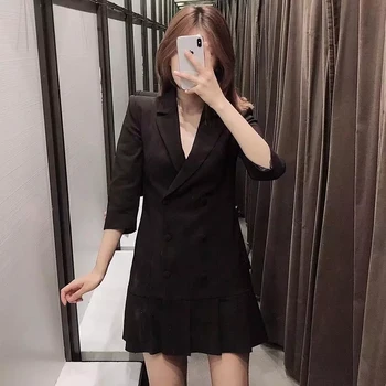 Katı Pilili Blazer Mini Kadın Elbise Zarif Bayanlar Ofis Siyah takım kıyafet Uzun Kollu Kruvaze Kadın Elbiseler