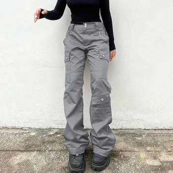 Kore Moda Low Rise Kot Sonbahar Rahat Kargo pantolon Kadın Çoklu Cepler Düz Şalvar Kot Y2K Denim Pantolon Pantalon