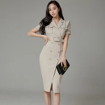 Kore Tarzı 2021 Yaz Yeni Kadın Çentikli Yaka Kısa Kollu Elbise Ofis Bayan Kruvaze İnce Bodycon Elbise Sashes İle