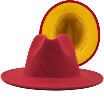kış Dış kırmızı İç sarı Yün Keçe Caz fötr şapkalar İnce Kemer Tokası ile Erkekler Kadınlar Geniş Brim Panama Fötr Kap X XL