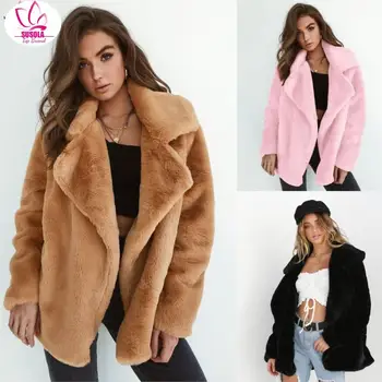 Kış Kadın Yüksek Kalite Faux Tavşan Kürk Ceket Lüks Kürk Ceket Gevşek Yaka Palto Kalın Sıcak Kadın Peluş Mont