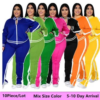 L-5XL Mix Boyutu Renk Toplu Ürün Toptan Çok Artı Boyutu 2 Parça Set Kadın Eşofman Zip Çizgili Üst Sweatpants 5-10 Gün Varış