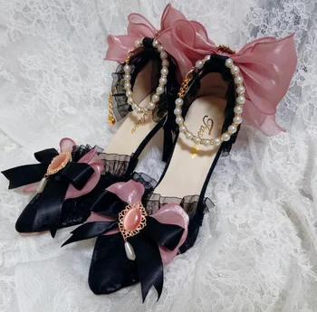 Lolita Gelin Düğün Stiletto Yüksek Topuklu 6-8cm Ayakkabı Yay Bayan Kızlar Tatlı Sivri Burun Prenses Kawaii Çay Partisi Sevimli Lo Ayakkabı