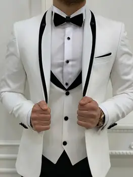 Moda Beyaz slim fit uzun kollu erkek gömlek Takım Elbise Düğün Damat Smokin Resmi Ziyafet Blazer En Iyi Adam 3 Parça Ceket Yelek pantolon seti Kostüm Homme