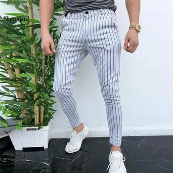 Moda erkek Slim Fit Şerit İş Resmi Pantolon Rahat Ofis Sıska Uzun Düz Joggers Ter Pantolon Pantolon