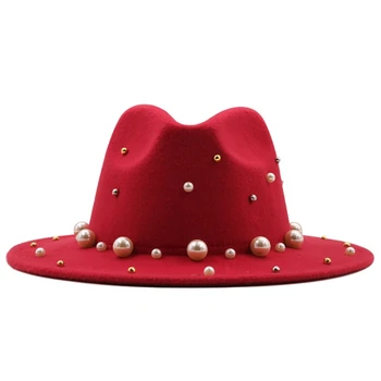 Moda Geniş Ağız İnci Caz Şapka Yün Büyük Ağız İnci silindir şapka Kilise Şapka Erkekler Kadınlar için Cosplay Aksesuarları