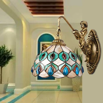 Modern Pastoral Tavuskuşu Kuyruk Kabuk Mermaid led duvar Lambası 8 inç Akdeniz Tarzı Tiffany E27 tutucu Yatak Odası Duvar Aplik