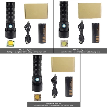 Modları Video meşale çok fonksiyonlu ışık açık USB şarj edilebilir uzun menzilli LED el feneri kamp dalış T6 sarı ışık