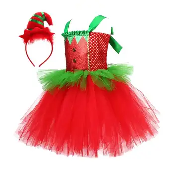 Noel Tutu Elbise Kızlar İçin Noel Elf Romper Kolsuz Tutu Elbise Sevimli Noel Kostüm Parti Elbiseler Headdress İle