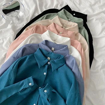 Rahat Tüm Maç Uzun Kollu Gömlek Tek Göğüslü Turn Down Yaka Düz Renk Gevşek Üstleri 2022 Bahar Yeni kadın giyim
