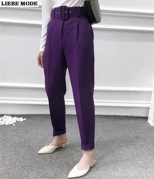 Renkli takım elbise pantalonları Kadınlar için İş Resmi Harem Ayak Bileği Pantolon Kadın Yüksek Bel Rahat düz pantolon Kemer Pantalones