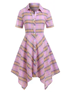 ROSEGAL kadın Gömlek Elbiseler 5XL Açık Mor Ekose Düğme Mendil Gömlek Midi 1950s Elbise 3D Denim Baskı Mini Tee Elbise