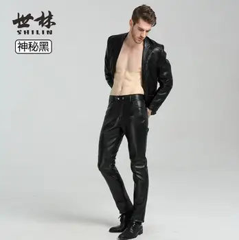 Siyah suni deri pantolon erkek ayak pantolon moda motosiklet pu pantolon erkekler artı kadife dikiş elbise pantalon homme