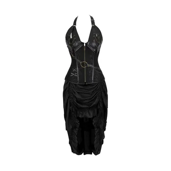 Steampunk Siyah Korse Elbise Kadınlar için Siyah kadın Gotik Lace Up Ön Punk Faux Deri Büstiyer Korse Elbise Artı Boyutu