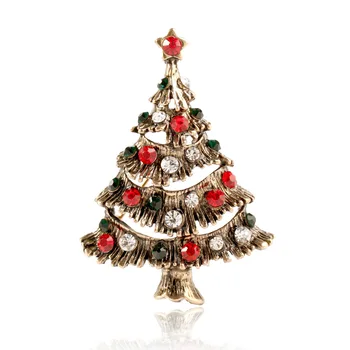 Vintage Antik Altın Renk Kaplama Kristal Rhinestones Noel Ağacı Broş Pins Kadın Erkek Takı için
