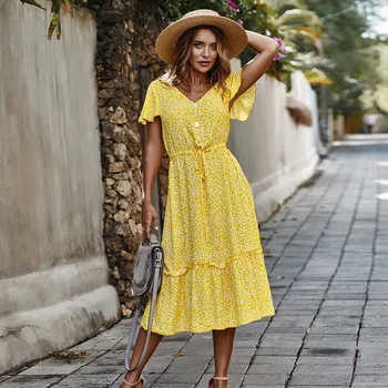 Vodiu 2021 kadın Elbiseler Boho Çiçek Fırfır Casual Seksi V Yaka Yeni uzun elbise Vestidos Sarı Sundress Tatil Elbise Kadınlar İçin
