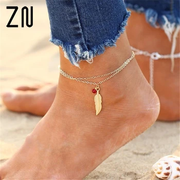 Yaprak tüy halhal kadınlar için ayak bileği bilezik ayak bacak takı çift zincir kırmızı boncuk Püskül