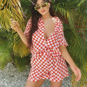 Yaz Ekose İki Parçalı Set Eşofman Rahat Kıyafet Tatil Takım Elbise Kadın Bluz Tops Yüksek Bel Şort Kemer Plaj 2 parça setleri