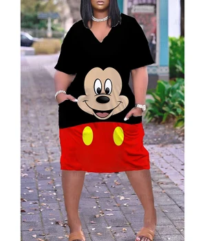 Yeni Kadın Elbise Yaz Yeni Artı Boyutu V Boyun 3D Disney Mickey Mouse Baskı kadın Cep Orta Bel Gevşek Parti Elbise