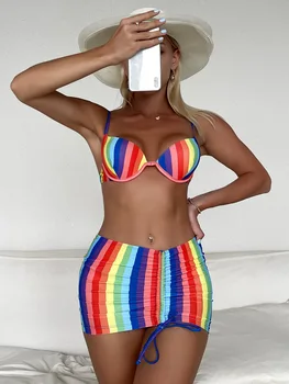 Yeni Push Up 3 Parça bikini seti Gökkuşağı Şerit Cover Up mayo kadın mayosu Etek Ile Seksi Brezilyalı Biquini Kadın Mayo